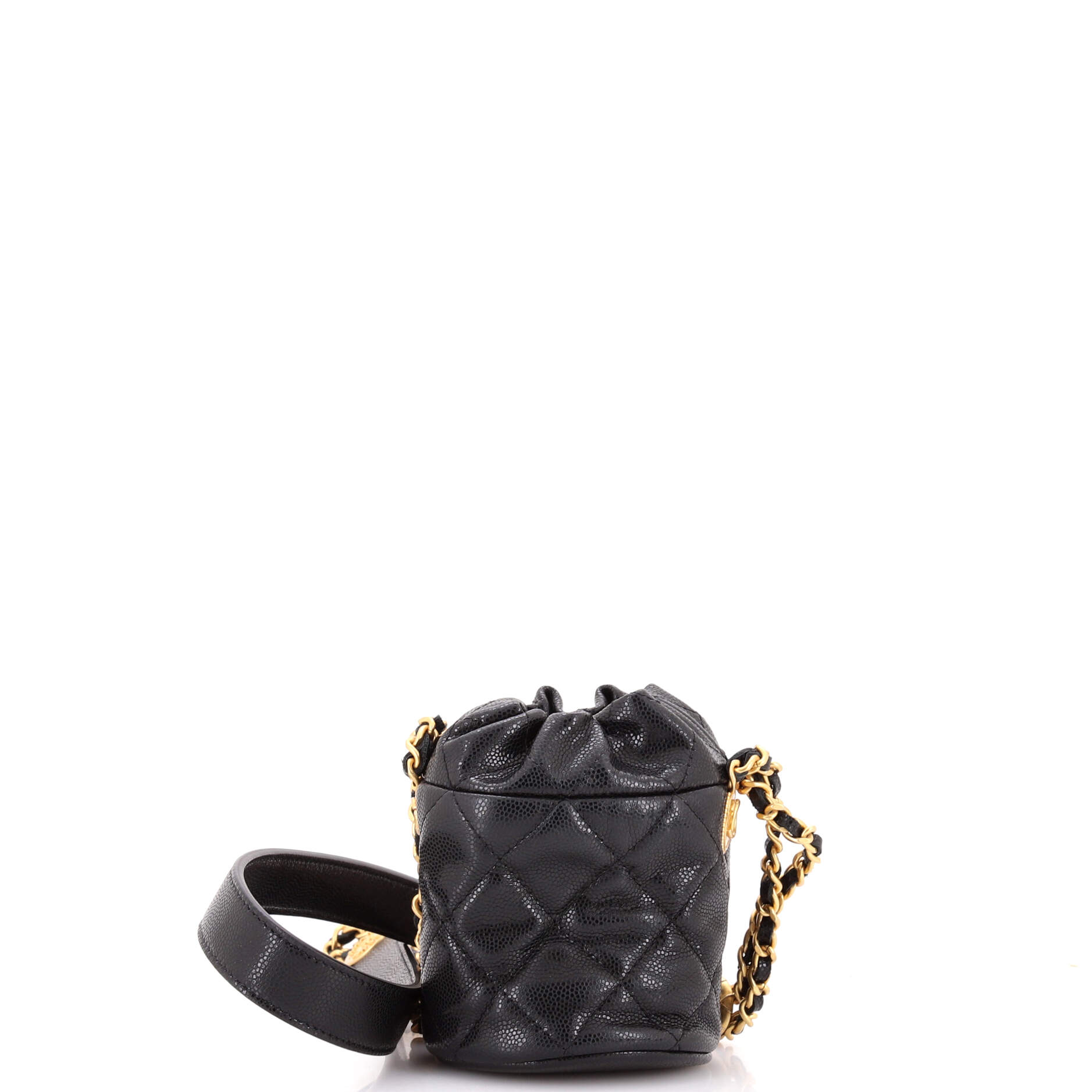 Twist Your Buttons Drawstring Bucket Bag Quilted Caviar Mini
