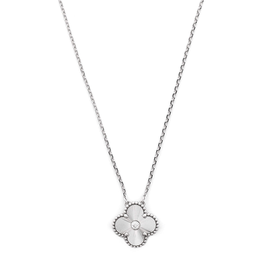 Vintage Alhambra Pendant Necklace Guilloche 18K White Gold with Diamond