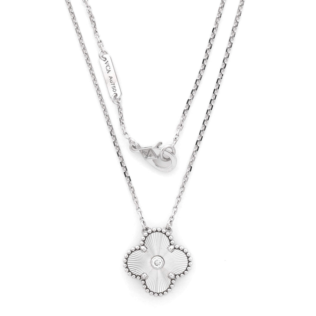 Vintage Alhambra Pendant Necklace Guilloche 18K White Gold with Diamond