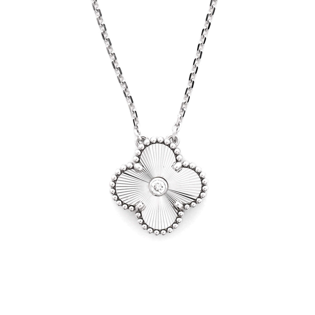 Vintage Alhambra Pendant Necklace Guilloche 18K White Gold with Diamond