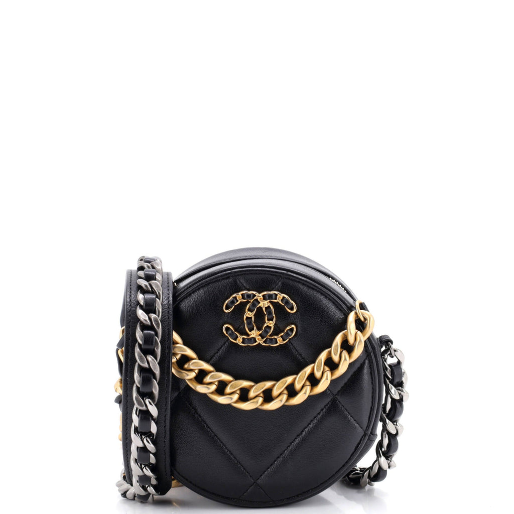 19 Round Clutch with Chain Quilted Leather