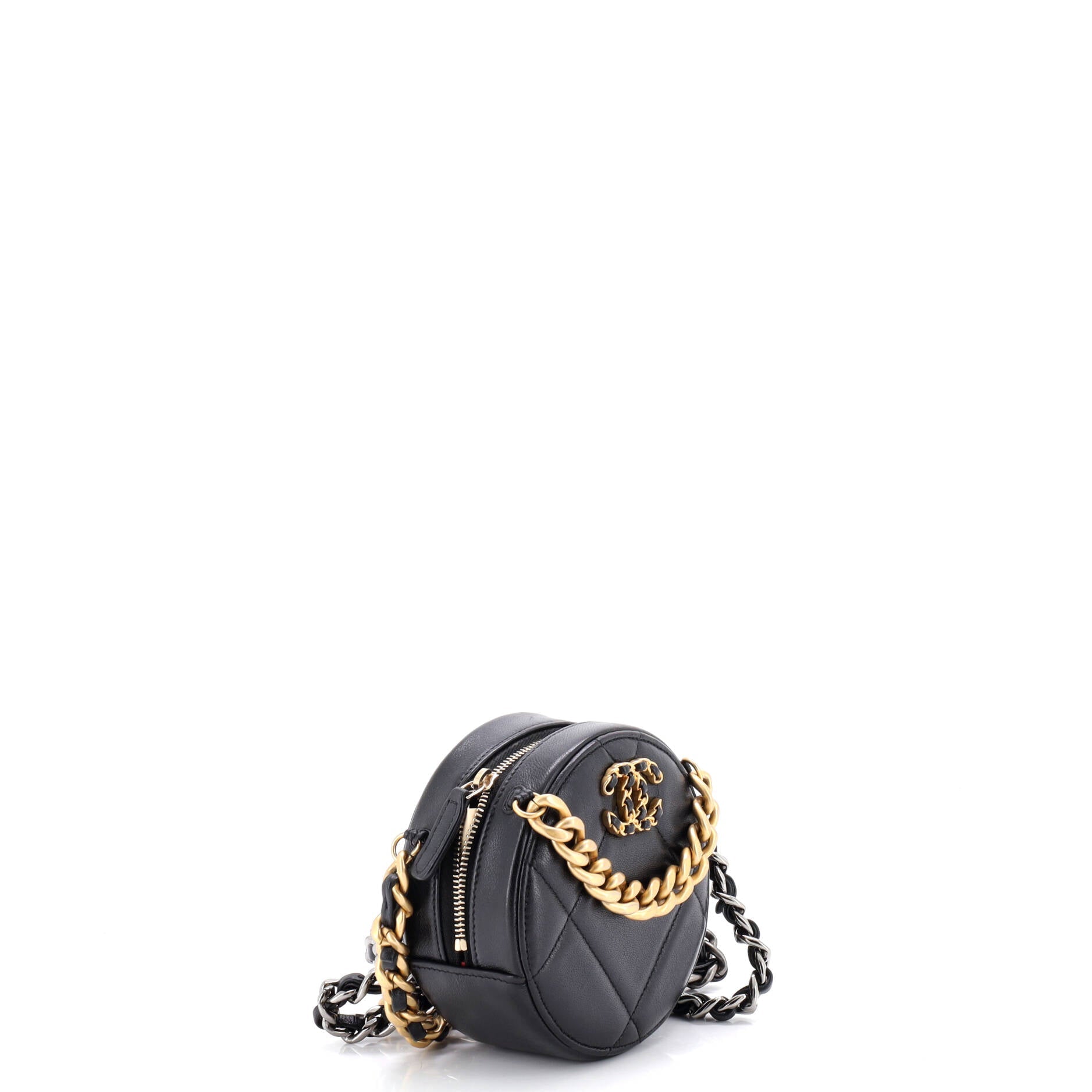 19 Round Clutch with Chain Quilted Leather