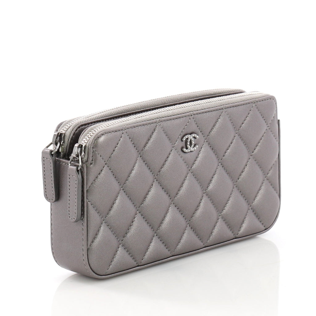 Double Zip Clutch with Pearl Chain Quilted Lambskin