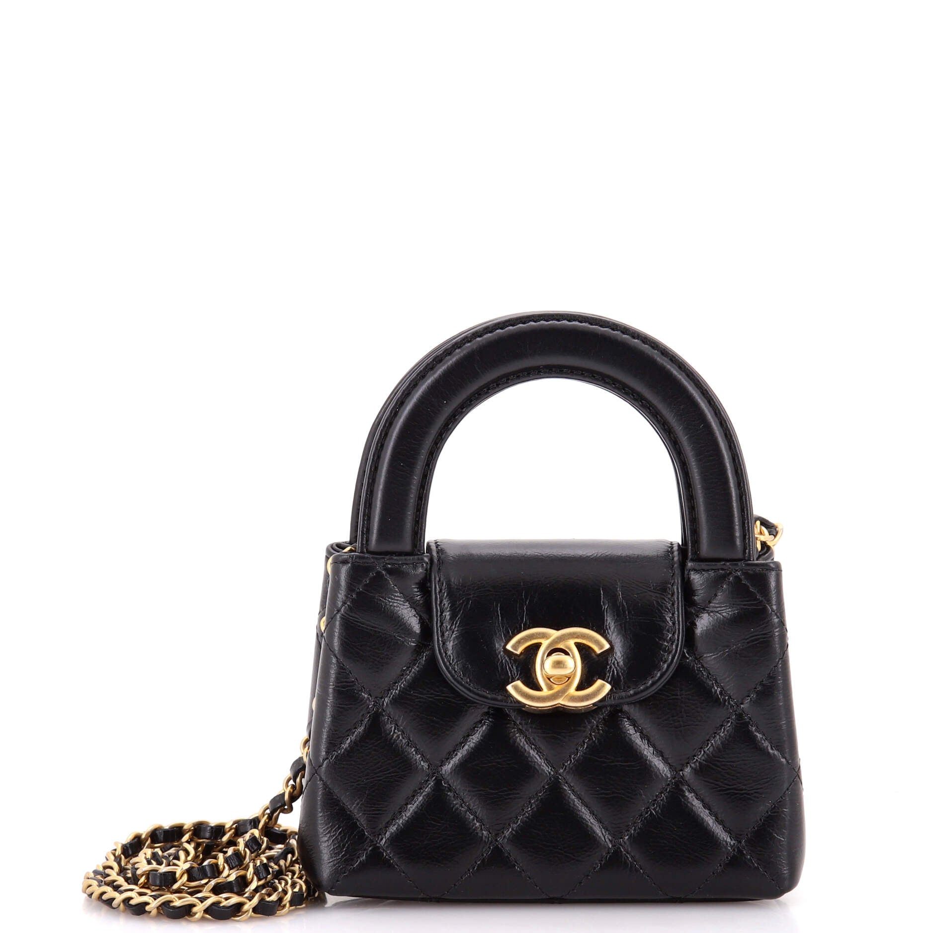 Kelly Top Handle Shopping Bag Quilted Shiny Aged Calfskin Nano