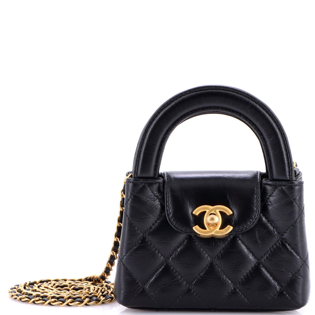 Kelly Top Handle Shopping Bag Quilted Shiny Aged Calfskin Nano