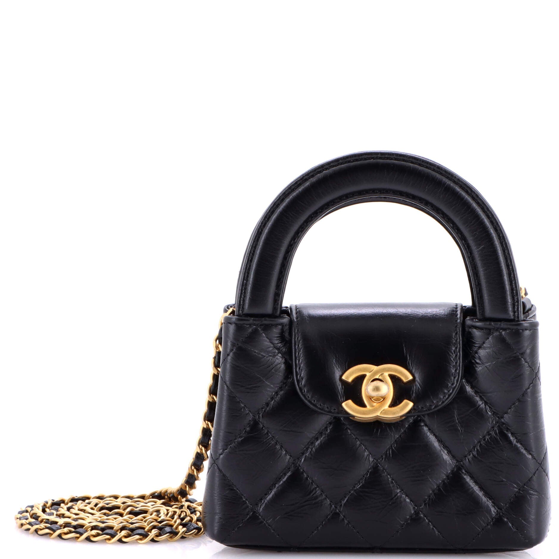Kelly Top Handle Shopping Bag Quilted Shiny Aged Calfskin Nano