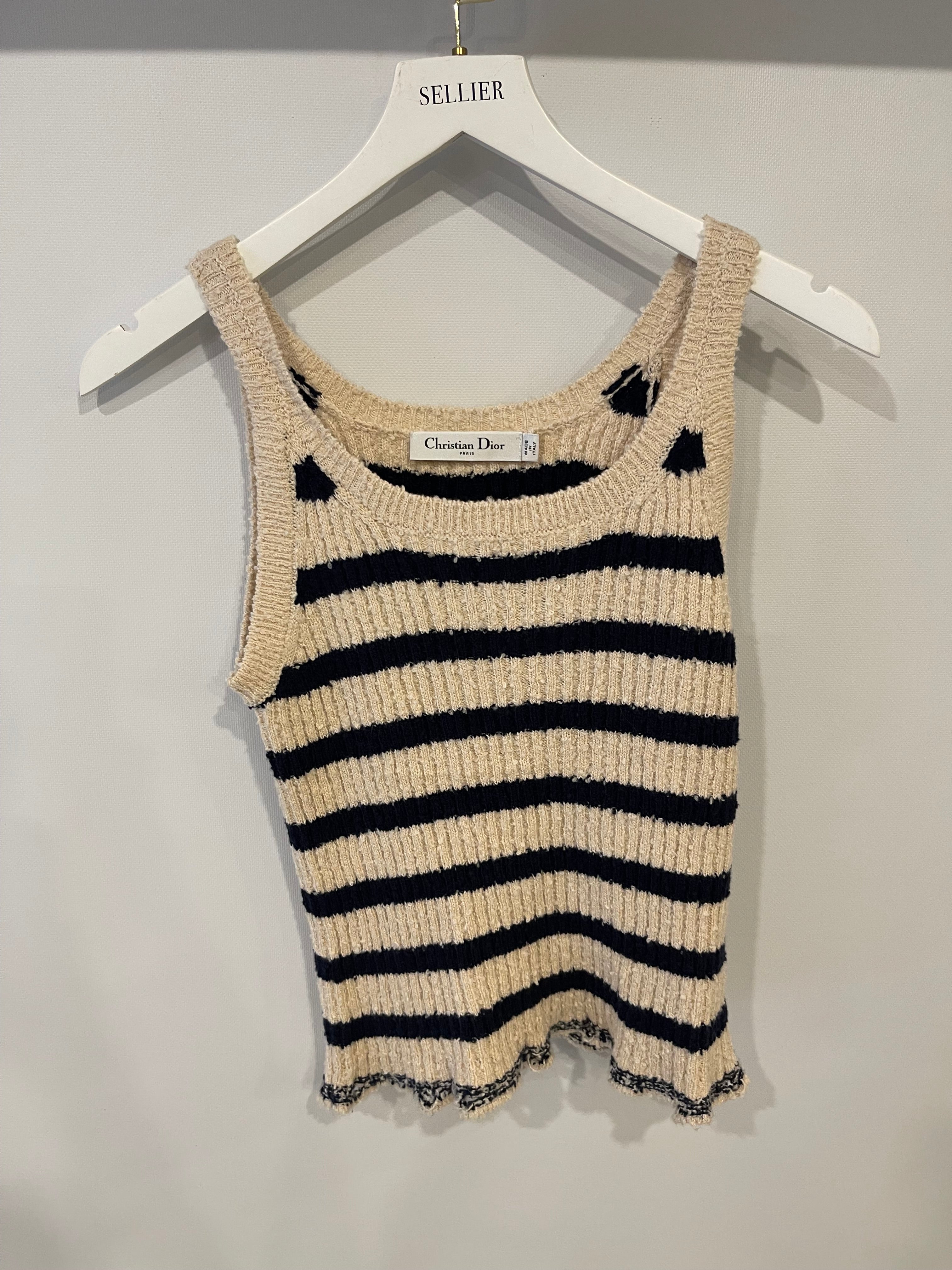 Christian Dior Cream and Navy Striped Knitted Cardigan and Top Set Size FR 36 (UK 8) RRP £2,100