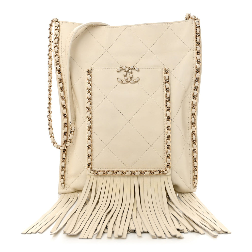 Calfskin Quilted Fringe Small Shopping Bag White
