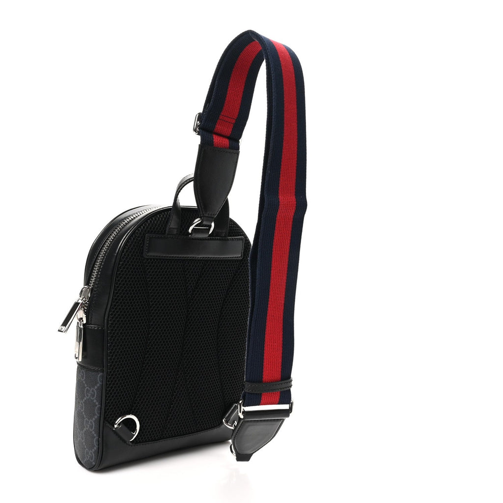 GG Supreme Monogram Calfskin Web Sling Backpack Black Grey