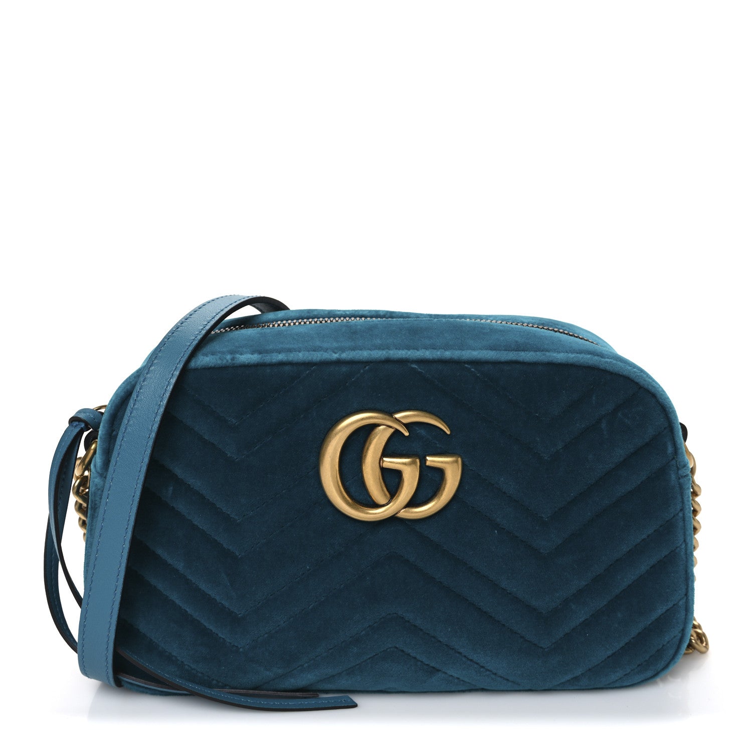 Velvet Matelasse Small GG Marmont Chain Shoulder Bag Pavone Cyan
