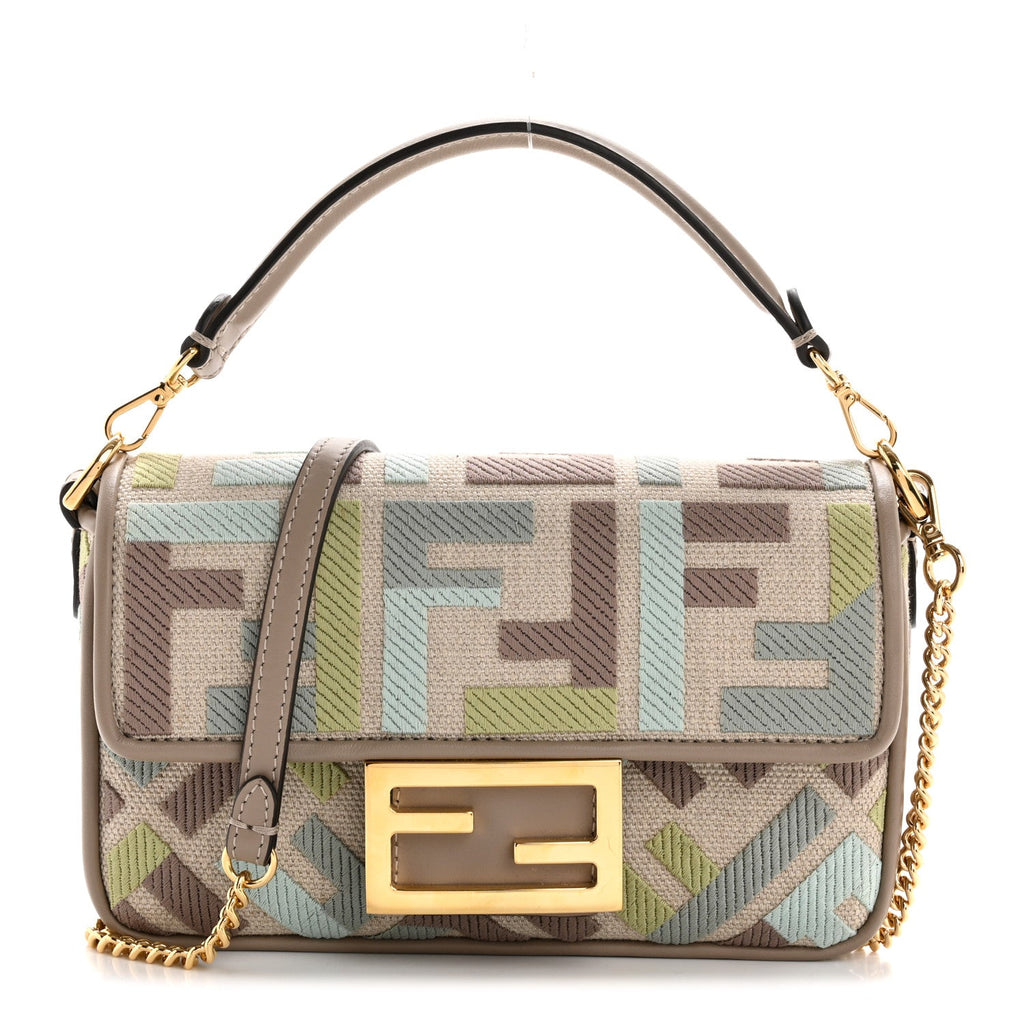 Canvas Vitello King Seta FF Embroidered Mini Baguette Matcha Milk Dove