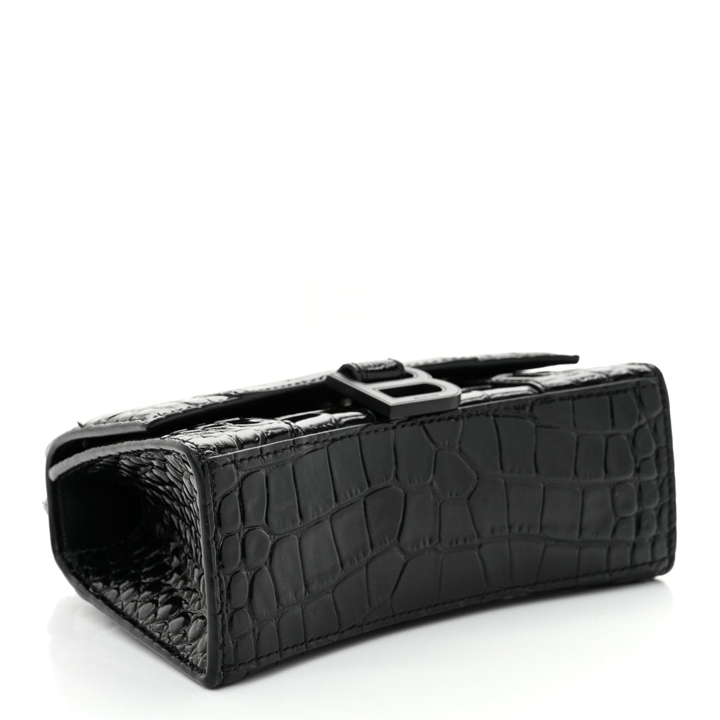 Shiny Calfskin Monochrome Crocodile Embossed Hourglass Top Handle Bag XS Black