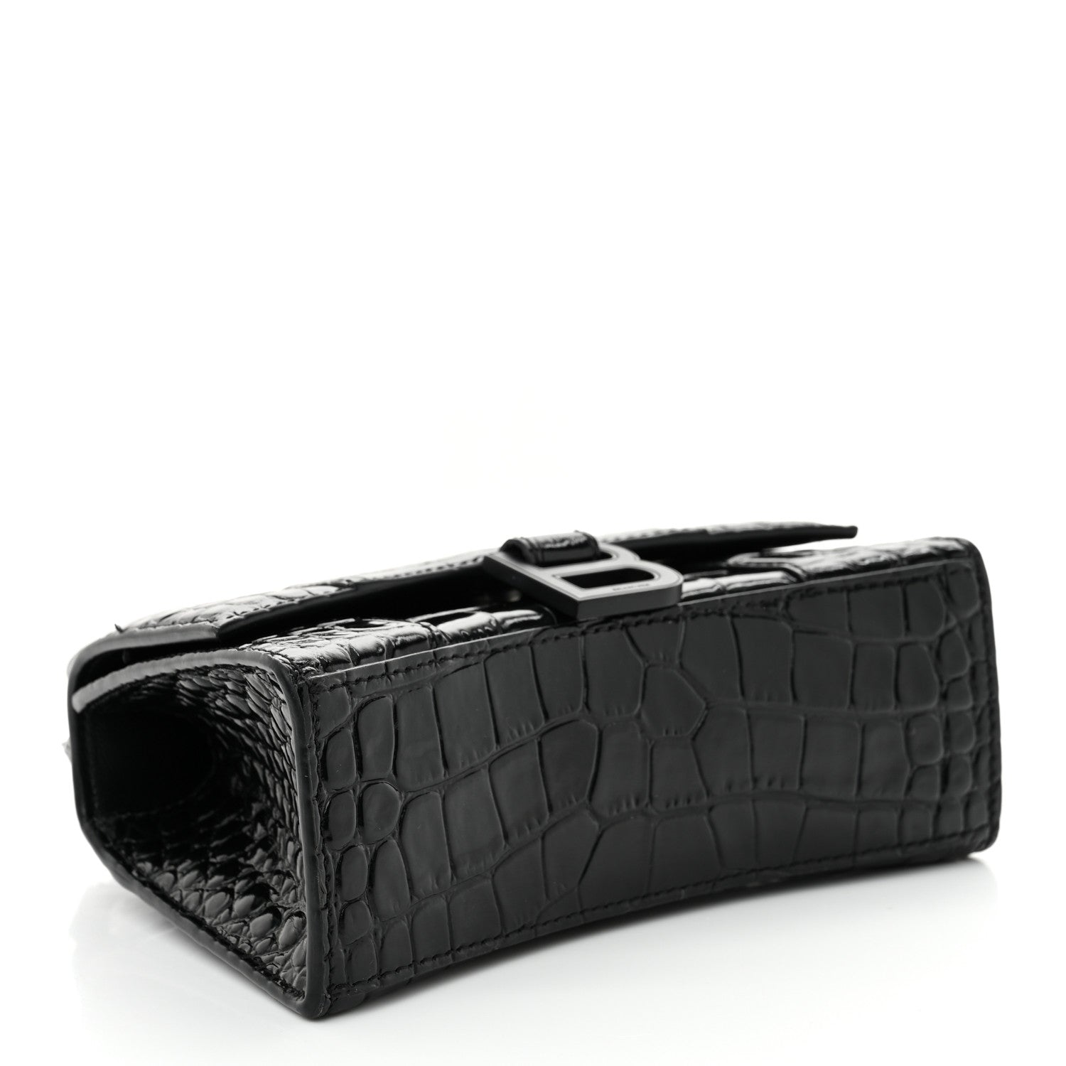 Shiny Calfskin Monochrome Crocodile Embossed Hourglass Top Handle Bag XS Black