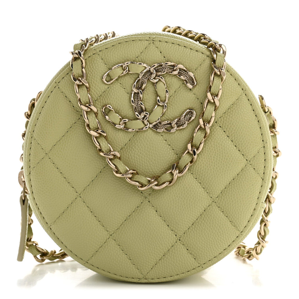 Caviar Quilted French New Wave Round Clutch With Chain Light Green