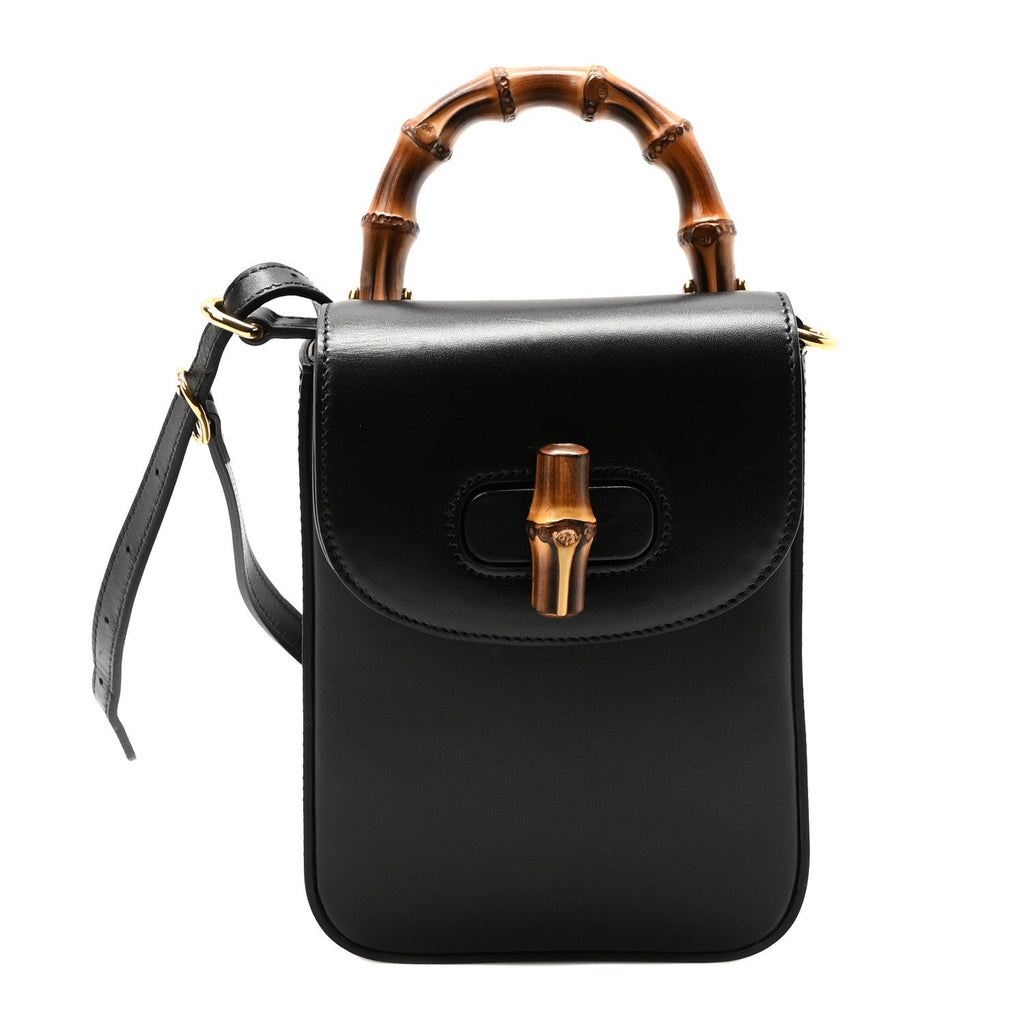 Calfskin Mini Bamboo Top Handle 3 Way Shoulder Bag Black