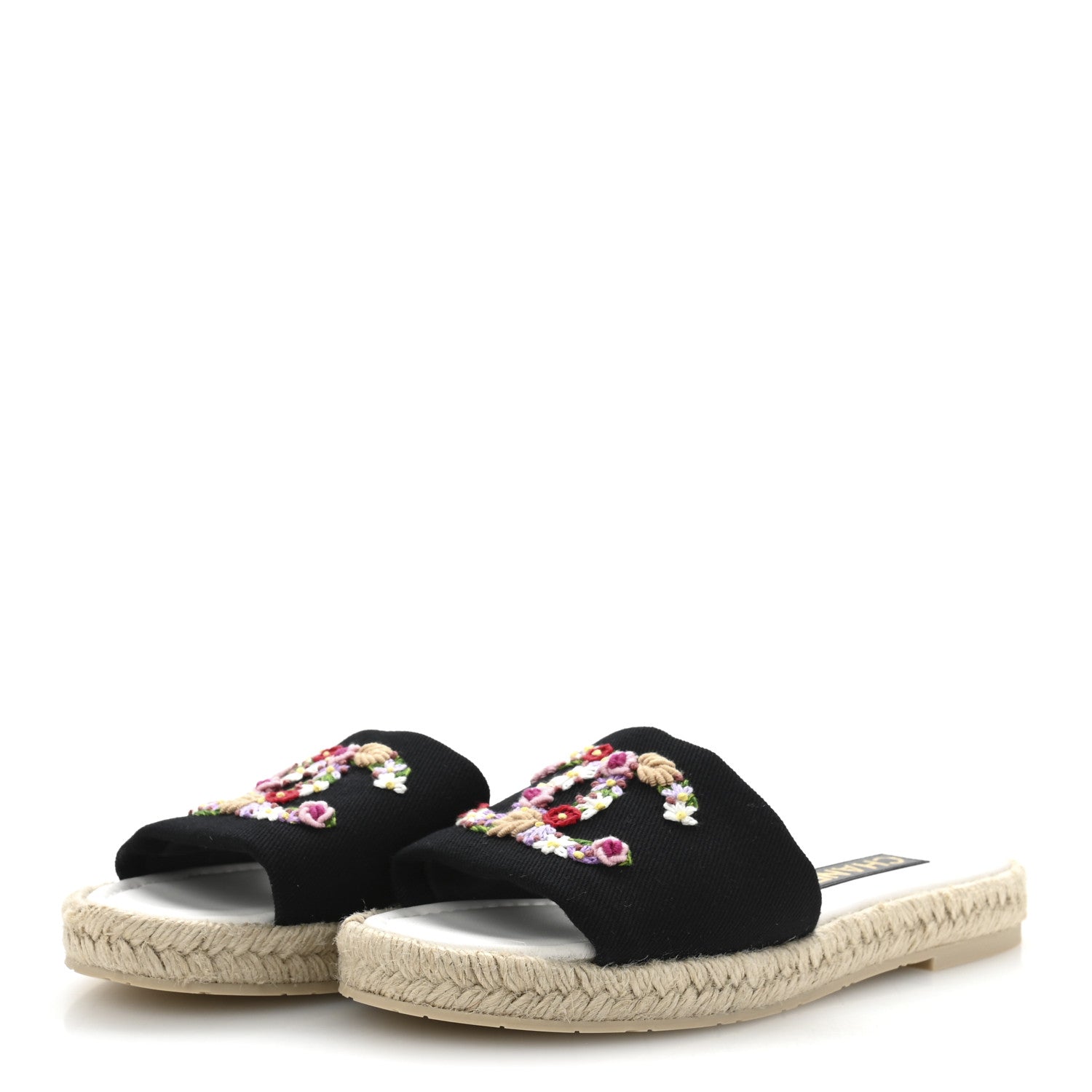 Canvas Embroidered CC Floral Espadrille Slip On Sandals 37 Black Multicolor