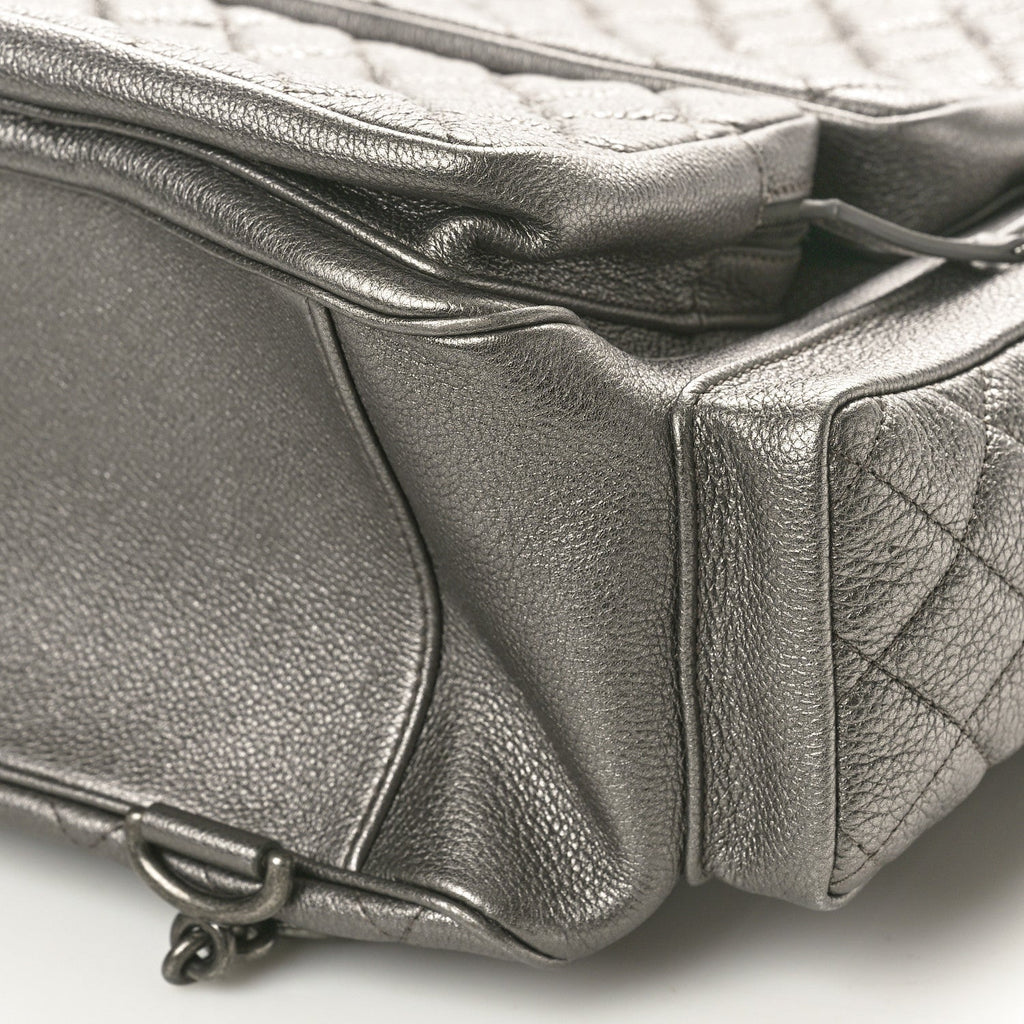 Metallic Grained Calfskin Quilted Large Casual Rock Backpack Charcoal