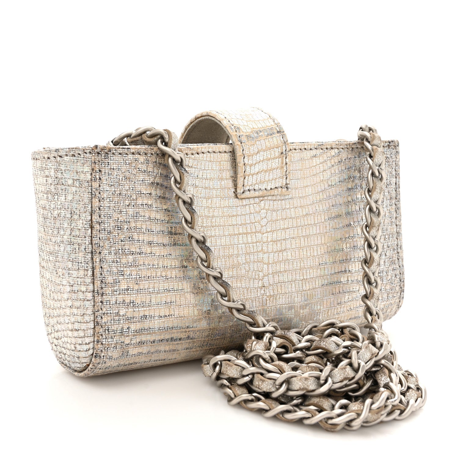 Iridescent Lizard Phone Holder Crossbody Silver