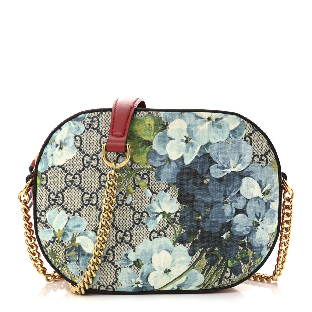 GG Supreme Monogram Blooms Mini Chain Shoulder Bag Beige Blue Navy Hibiscus Red