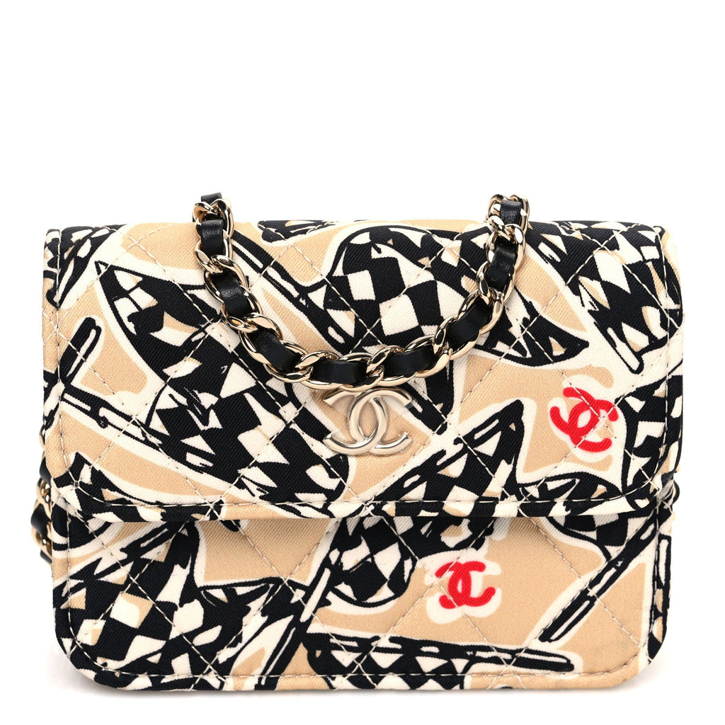 Canvas Check Flag Printed CC Clutch With Chain Beige Multicolor