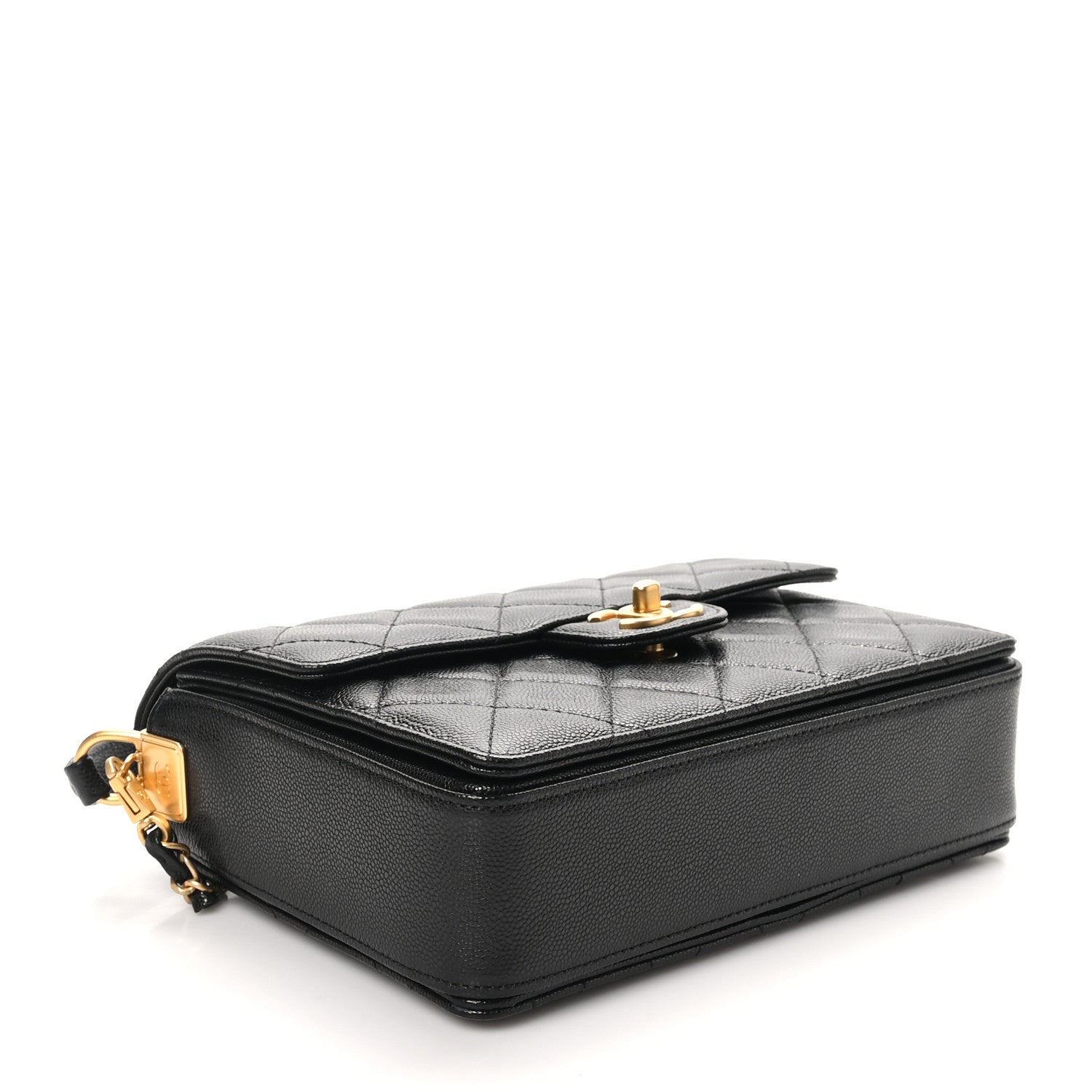 Shiny Caviar Quilted Small Top Handle Flap  Black