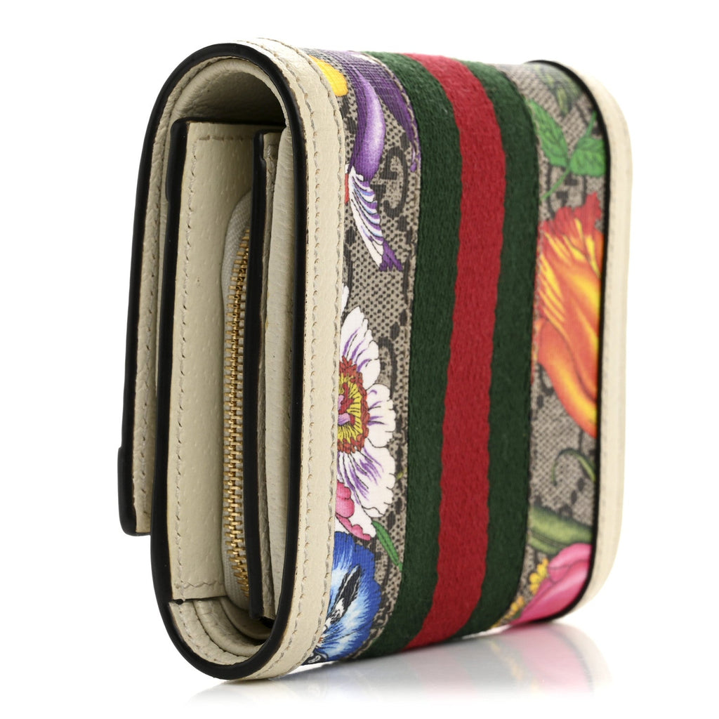 GG Supreme Monogram Flora Textured Calfskin Web Ophidia  Case Wallet Beige Ebony Multicolor Mystic White