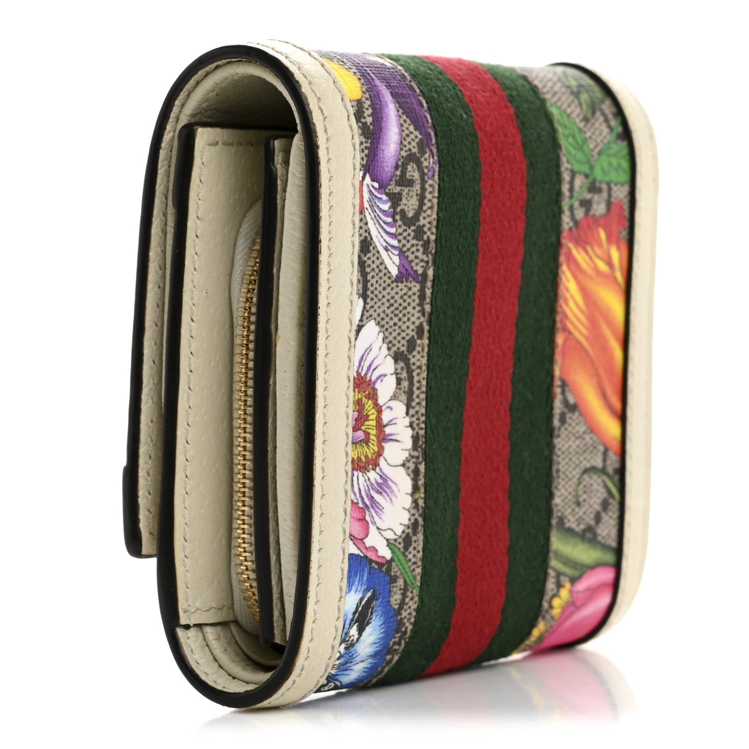GG Supreme Monogram Flora Textured Calfskin Web Ophidia  Case Wallet Beige Ebony Multicolor Mystic White