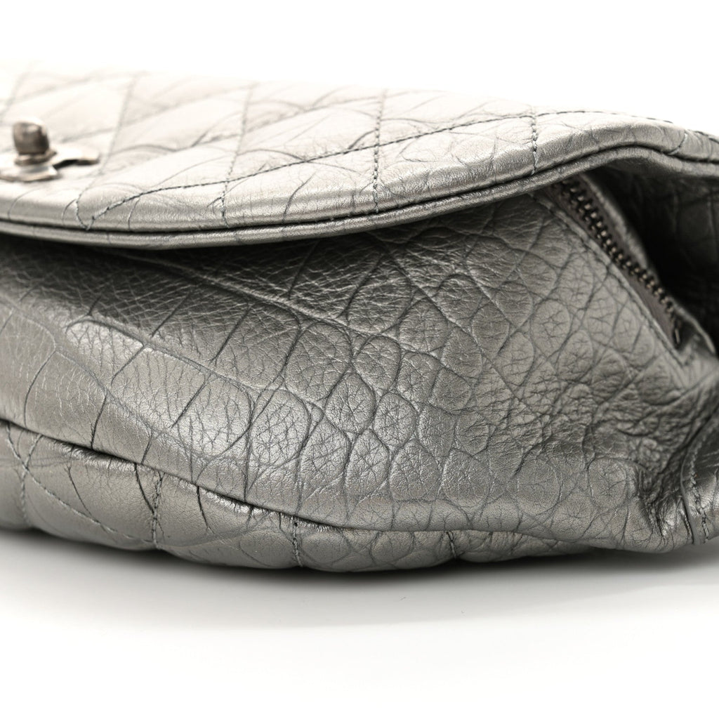 Metallic Calfskin Crocodile Embossed Quilted Easy Trip Waist Bag Fanny Pack Silver