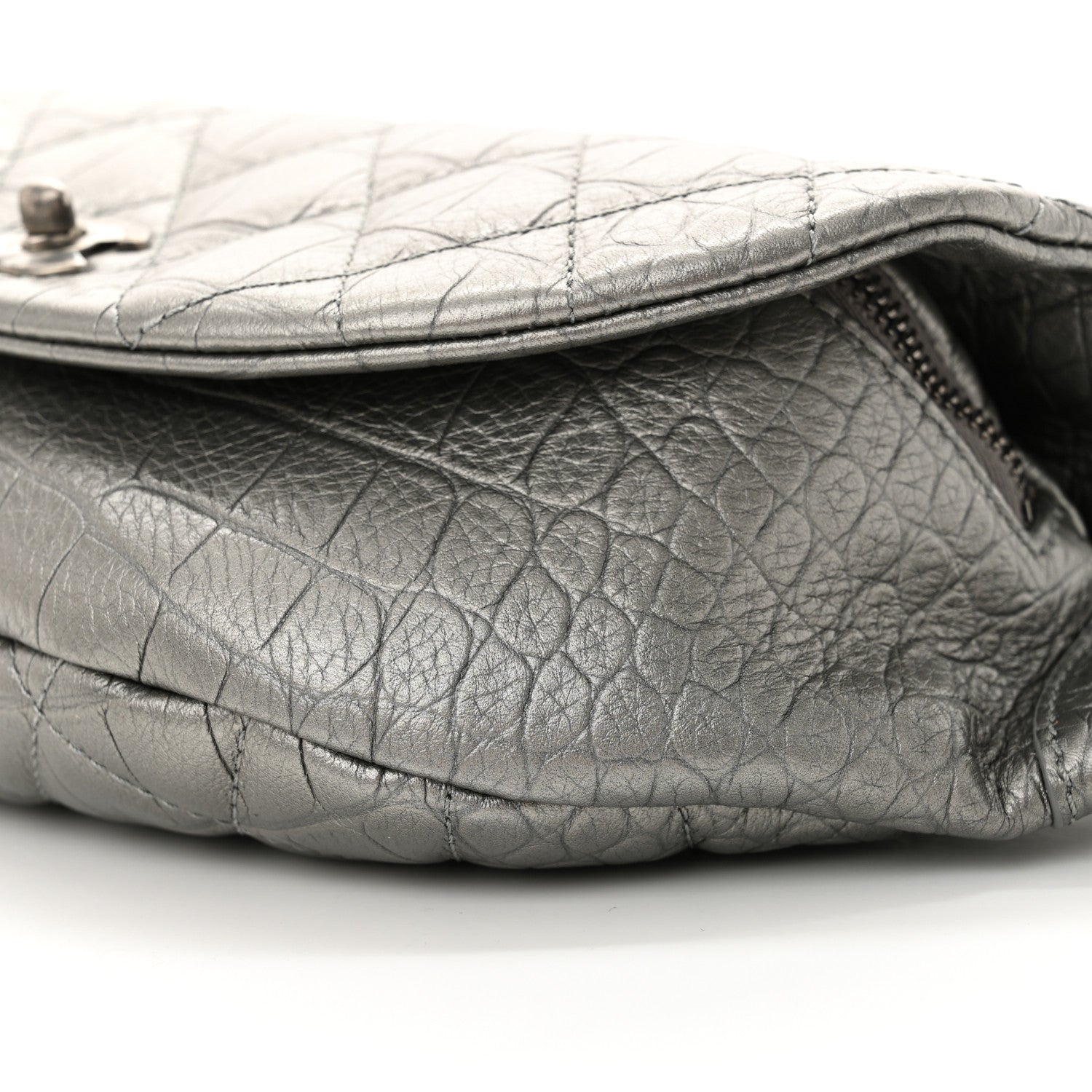 Metallic Calfskin Crocodile Embossed Quilted Easy Trip Waist Bag Fanny Pack Silver