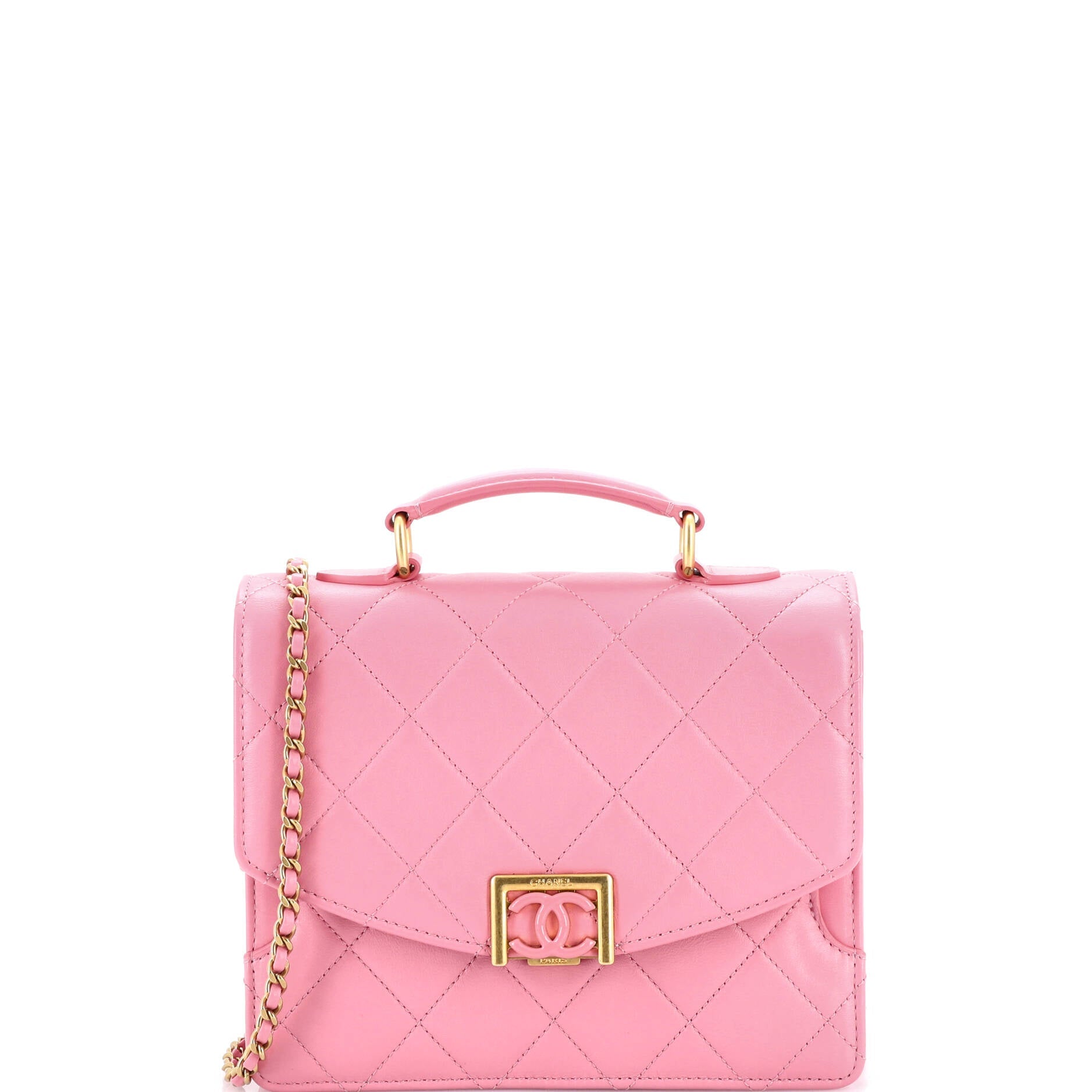 Square Top Handle Convertible Flap Bag Quilted Lambskin Small