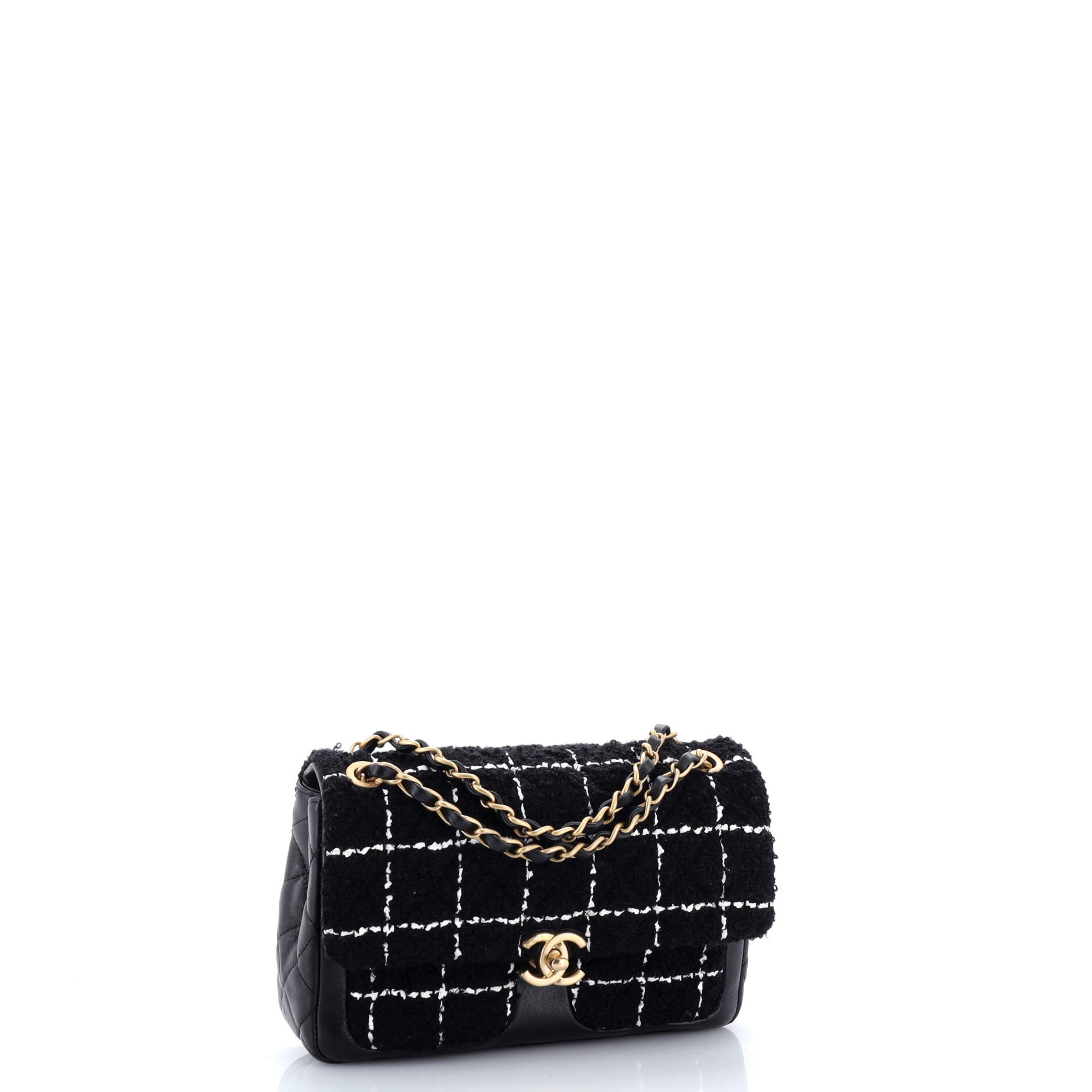 Double Pocket Flap Bag Quilted Tweed and Leather Small