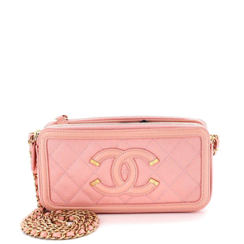 Filigree Double Zip Clutch with Chain Quilted Caviar