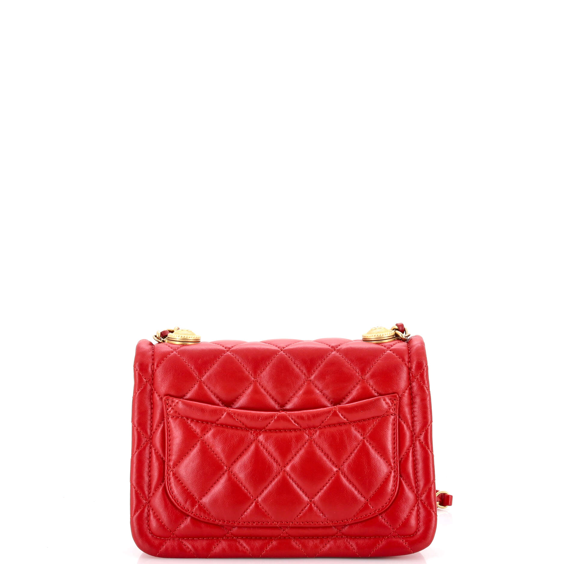 Button on Top Flap Clutch with Chain Quilted Shiny Lambskin Small