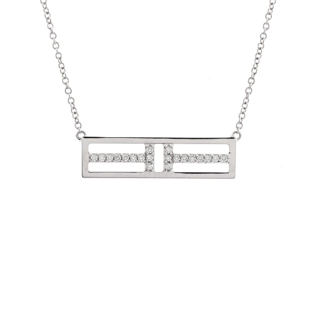 T Open Horizontal Bar Pendant Necklace 18K White Gold with Diamond