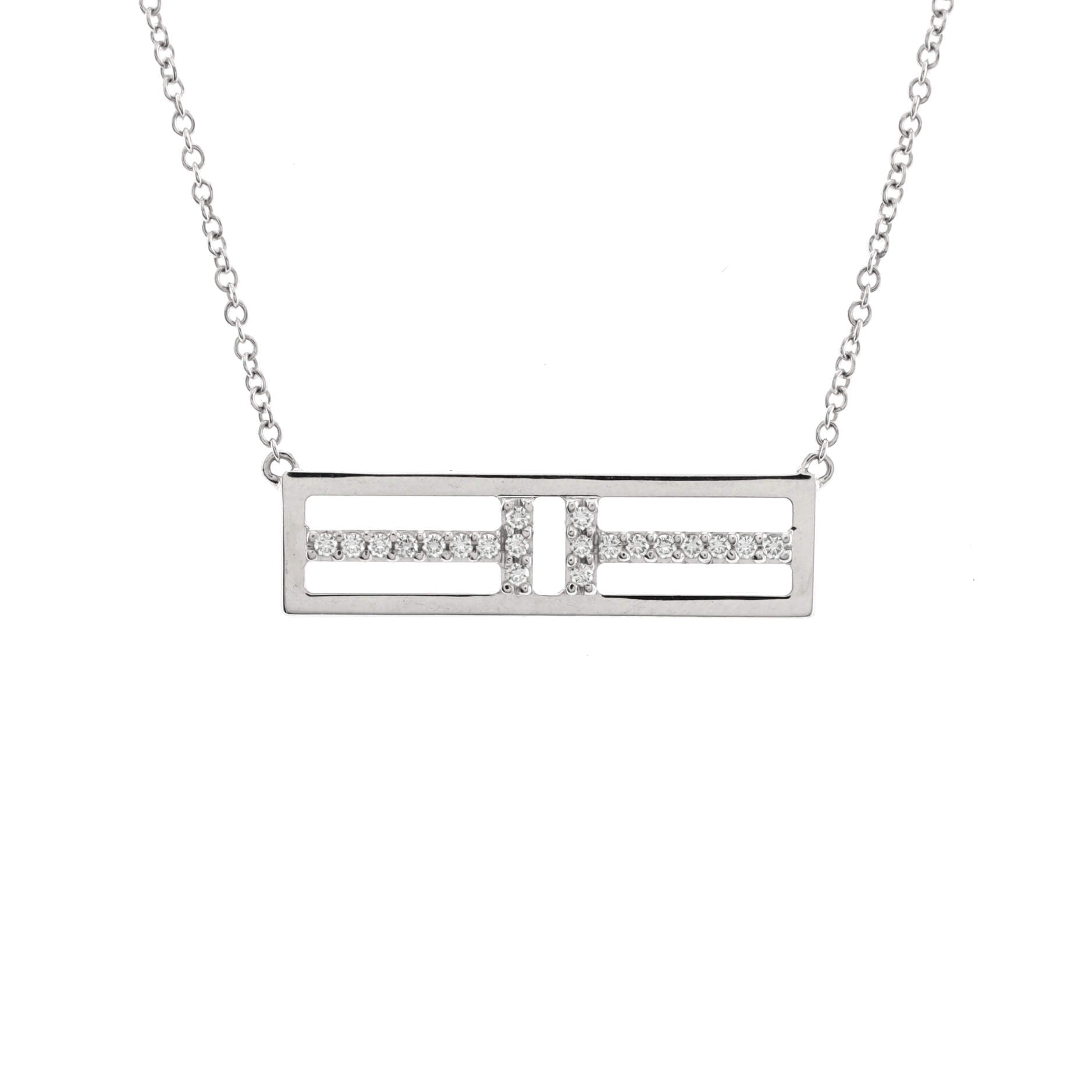 T Open Horizontal Bar Pendant Necklace 18K White Gold with Diamond