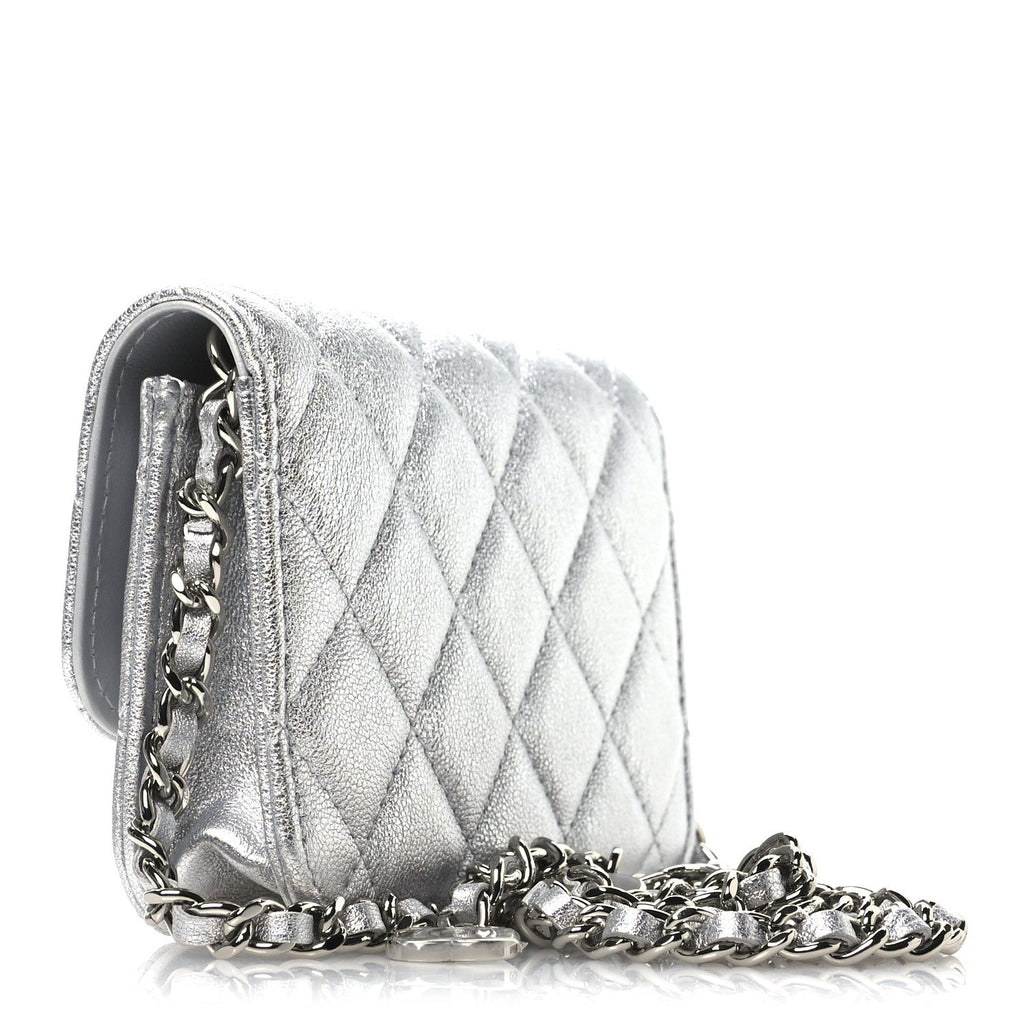 Metallic Goatskin Quilted Crystal CC Walk Of Fame Clutch With Chain Silver