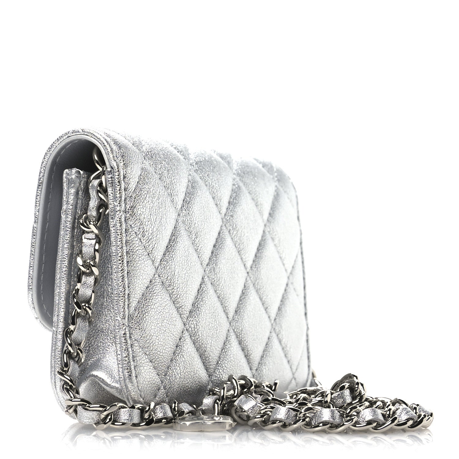 Metallic Goatskin Quilted Crystal CC Walk Of Fame Clutch With Chain Silver