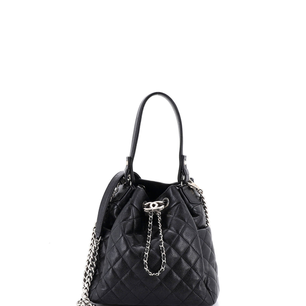CC Chain Drawstring Bucket Bag Quilted Caviar Mini