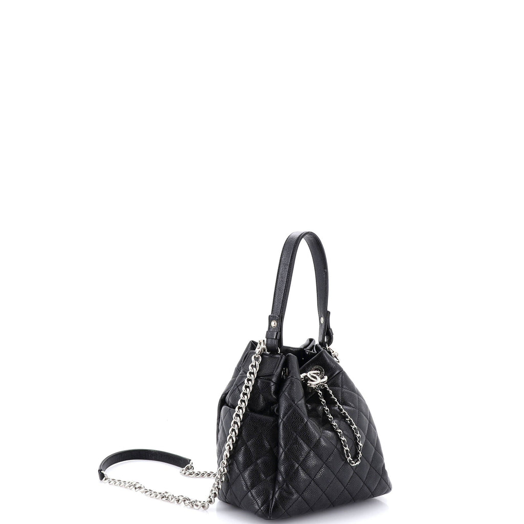 CC Chain Drawstring Bucket Bag Quilted Caviar Mini