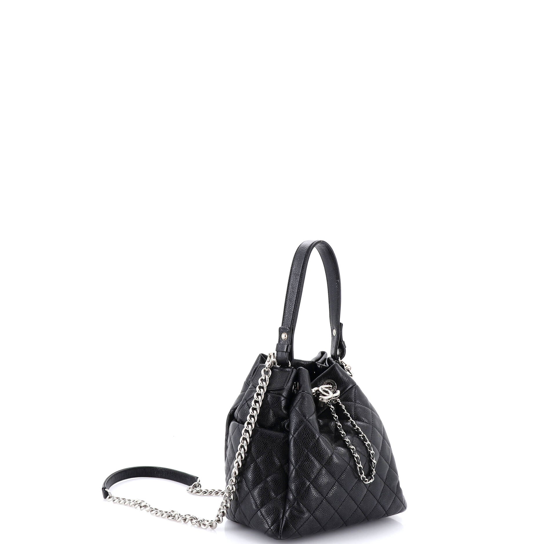 CC Chain Drawstring Bucket Bag Quilted Caviar Mini