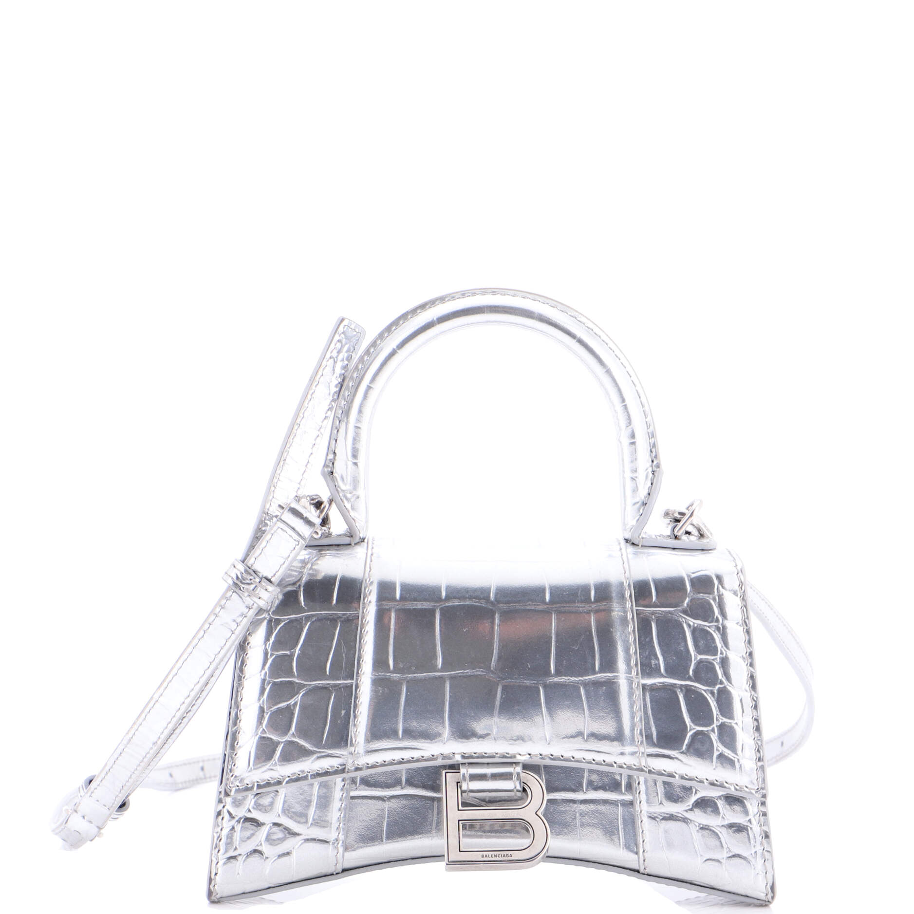Hourglass Top Handle Bag Crocodile Embossed Leather XS