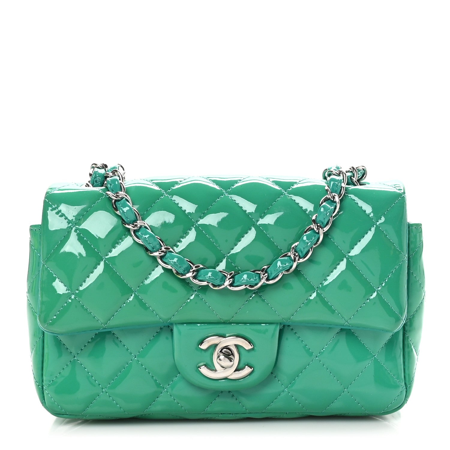 Patent Calfskin Quilted Mini Rectangular Flap Green