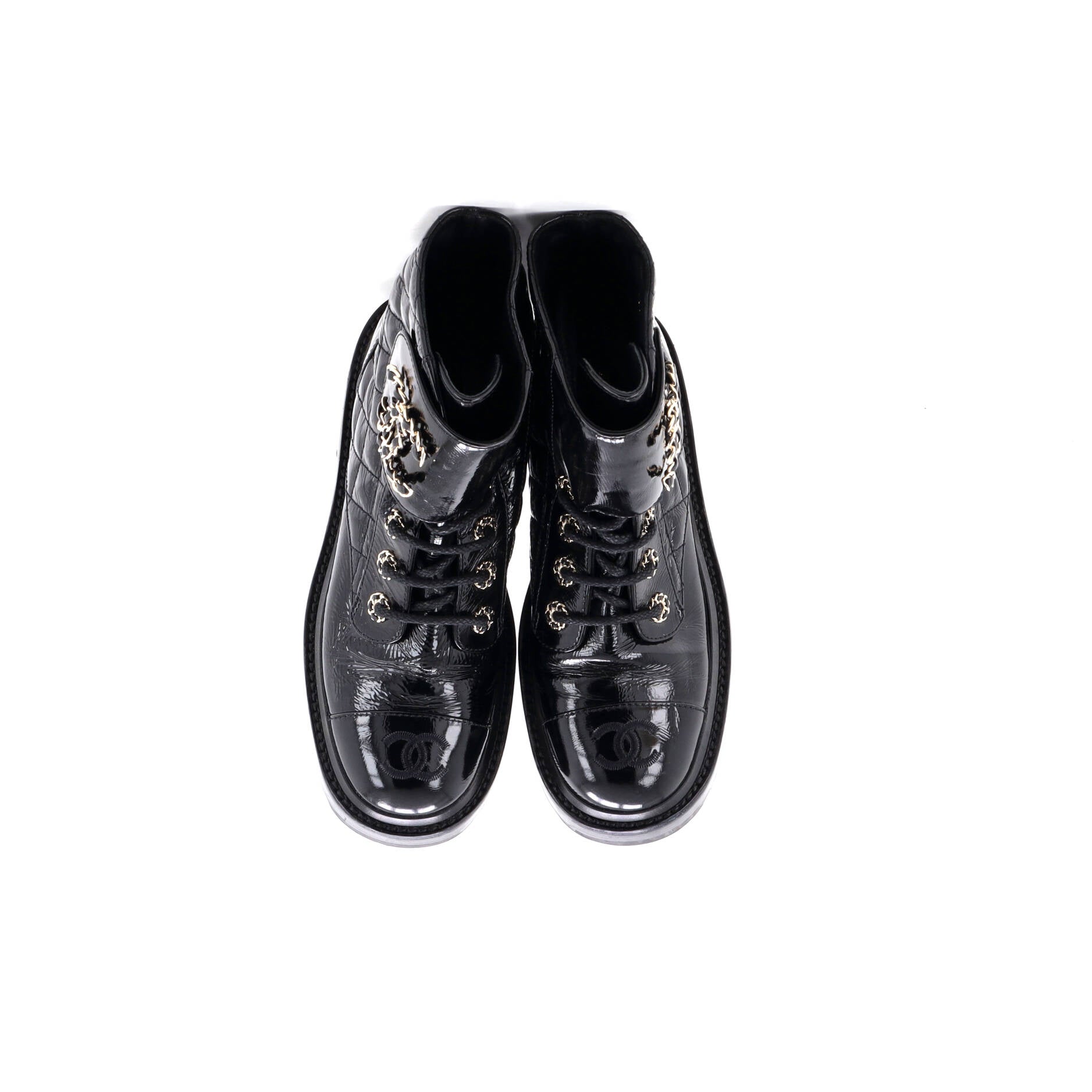Women's Chain CC Cap Toe Lace Up Combat Boots Quilted Shiny Calfskin