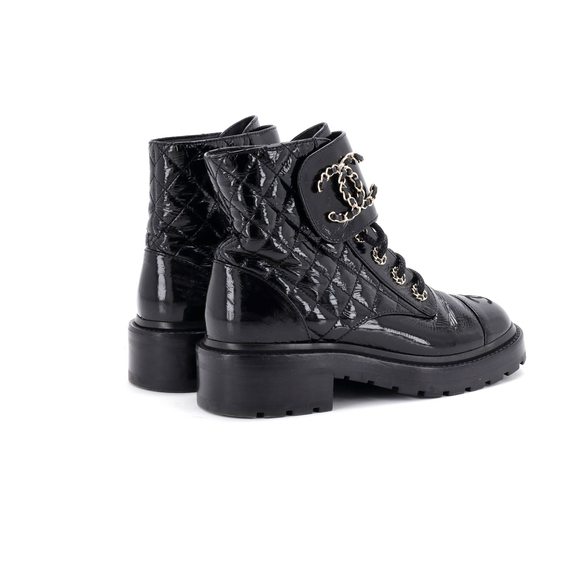Women's Chain CC Cap Toe Lace Up Combat Boots Quilted Shiny Calfskin