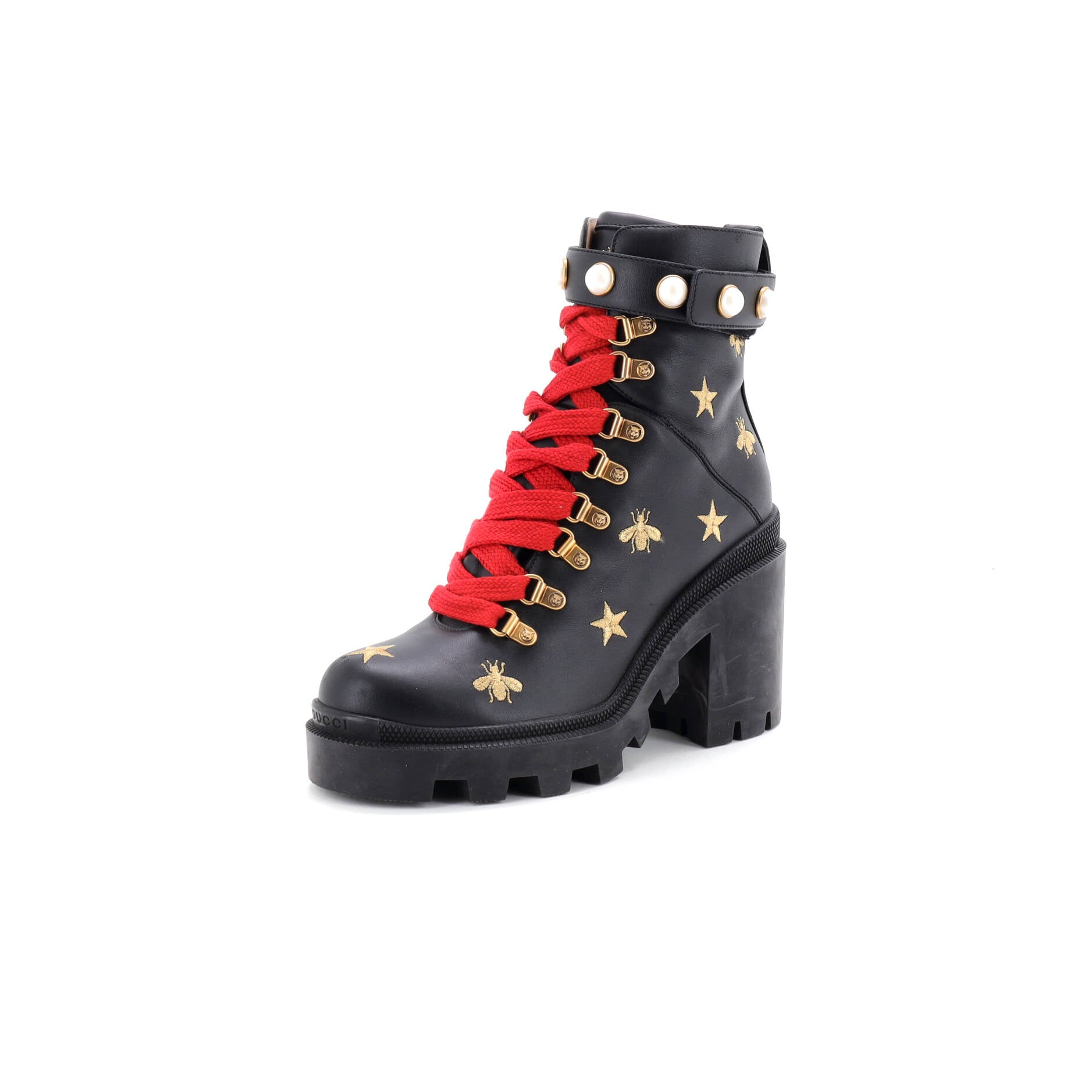 Women's Heeled Lace Up Combat Ankle Boots Embroidered Leather
