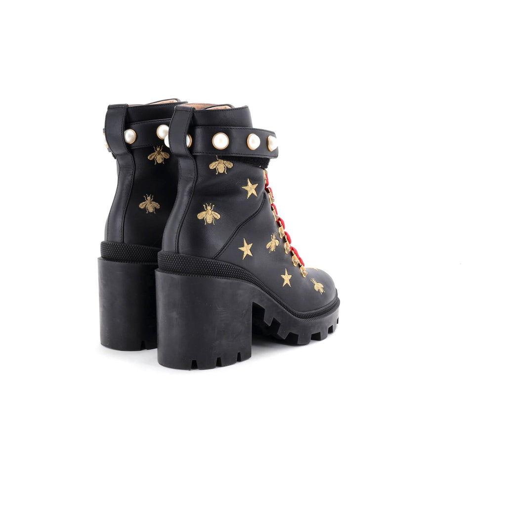 Women's Heeled Lace Up Combat Ankle Boots Embroidered Leather