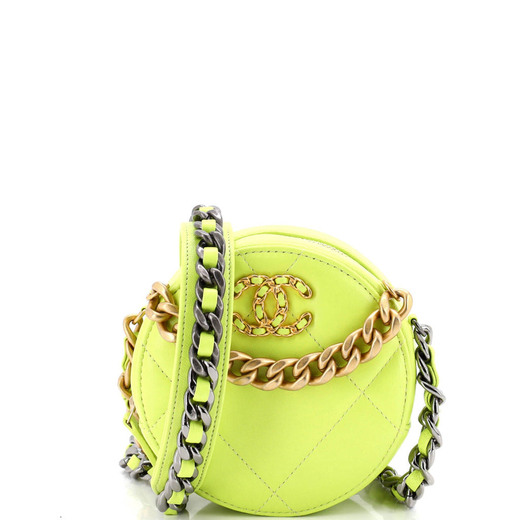 19 Round Clutch with Chain Quilted Leather