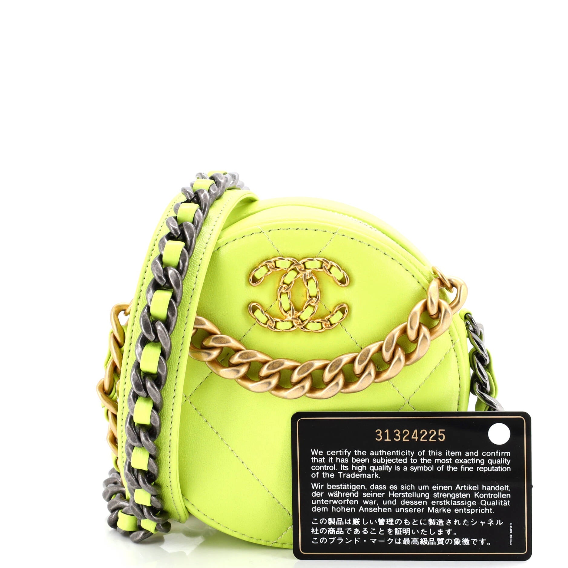 19 Round Clutch with Chain Quilted Leather