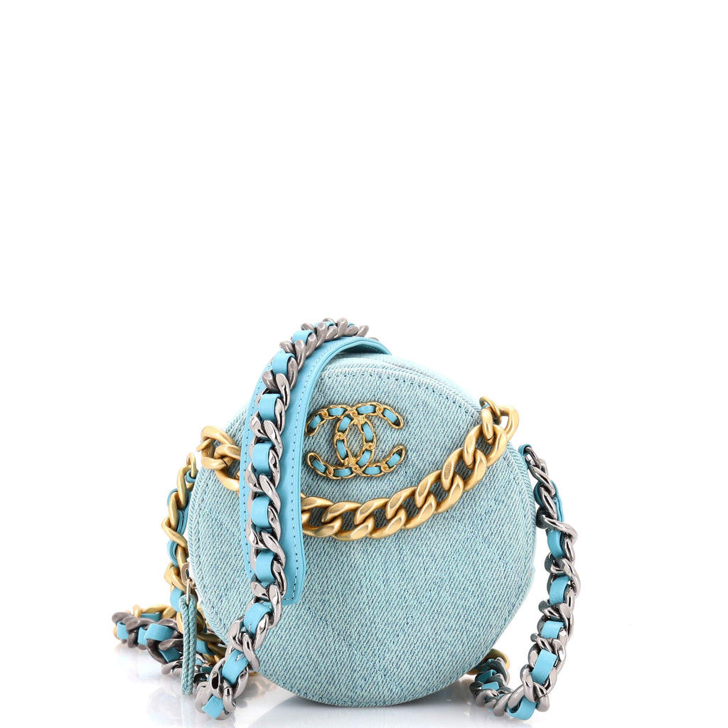 19 Round Clutch with Chain Quilted Denim