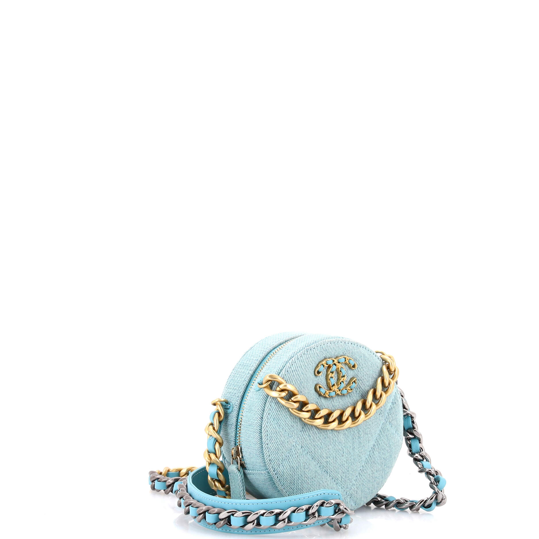 19 Round Clutch with Chain Quilted Denim